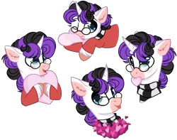 Size: 1941x1527 | Tagged: safe, artist:mercy, derpibooru import, oc, oc:vynarity, pony, unicorn, blushing, bust, clothes, commission, curly mane, ear fluff, glasses, hug, nom, pillow, pillow hug, portrait, scarf, simple background, solo, sweater, tongue out, transparent background, unshorn fetlocks, ych result