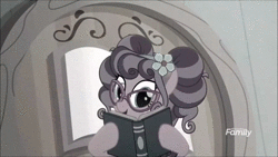 Size: 1280x720 | Tagged: safe, derpibooru import, screencap, petunia petals, earth pony, pony, rainbow roadtrip, animated, bell, book, chef's hat, craft, cute, desaturated, discovery family logo, female, hat, librarian, mare, painter, petalbetes, sculpture, sound, webm