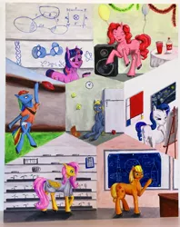 Size: 3003x3801 | Tagged: safe, artist:kopaleo, derpibooru import, applejack, derpy hooves, fluttershy, pinkie pie, rainbow dash, rarity, twilight sparkle, unicorn, art, australian football, balloon, biology, blueprint, category theory, clipboard, clock, clothes, composition ii in red blue and yellow, dancing, easel, eating, feather boa, food, hard hat, knot theory, lab, lab coat, lecture, mane six, manifold, math, modern art, painting, parody, party, partying, pen, physics, piet mondrian, pizza, pizza box, plant, refrigerator, rocket science, soda, starry night, the starry night, thinking, tired, topology, unicorn twilight, vincent van gogh
