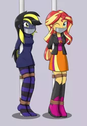 Size: 1100x1600 | Tagged: suggestive, artist:nivek15, derpibooru import, sunset shimmer, oc, oc:shadow thunder, equestria girls, arm behind back, bdsm, bondage, boots, breasts, clothes, commission, equestria girls-ified, female, females only, femsub, gag, high heel boots, jacket, leather jacket, miniskirt, one eye closed, pole, rope, rope bondage, shirt, shoes, skirt, socks, stockings, striped socks, submissive, sweater, t-shirt, tape, tape gag, thigh highs, wink