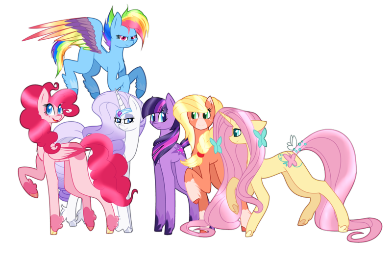 Size: 1024x691 | Tagged: safe, artist:starglaxy, derpibooru import, applejack, fluttershy, pinkie pie, rainbow dash, rarity, twilight sparkle, earth pony, pegasus, pony, unicorn, leak, spoiler:g5, accessories, applejack (g5), coat markings, colored wings, earth pony twilight, female, fluttershy (g5), g5, hooves, horn, jewelry, mane six, mane six (g5), mare, multicolored wings, pegasus pinkie pie, pinkie pie (g5), race swap, rainbow dash (g5), rainbow wings, raised hoof, rarity (g5), redesign, simple background, tiara, twilight sparkle (g5), unicorn fluttershy, wings