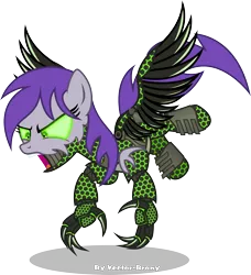 Size: 3207x3522 | Tagged: artificial wings, artist:vector-brony, augmented, claws, cyberpunk, cyborg, derpibooru import, fallout equestria, fallout equestria: project horizons, fanfic art, glowing eyes, harbinger, level 3 (harbinger cyberpunk) (project horizons), mechanical hands, mechanical wing, mechanized, oc, oc:dawn enclave, pegasus, pegasus oc, safe, screaming, simple background, solo, transparent background, watermark, wings
