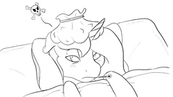 Size: 800x450 | Tagged: alicorn, artist:fletchesketch, bed, black and white, derpibooru import, grayscale, ice pack, monochrome, princess luna, safe, sick, thermometer