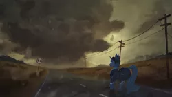 Size: 4000x2250 | Tagged: safe, artist:blackligerth, derpibooru import, oc, unofficial characters only, pony, unicorn, clothes, cloud, commission, dark clouds, power line, road, scenery, solo, walking