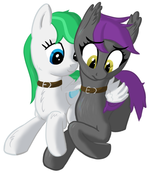 Size: 1044x1200 | Tagged: safe, artist:stillsings, derpibooru import, oc, oc:opal, oc:zephyr, unofficial characters only, bat pony, pegasus, pony, fanfic:zephyr, collar, cute, fanfic art, female, hug, image, mare, pet, png, pony pet, prone, sad, simple background, transparent background, winghug