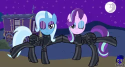 Size: 8680x4654 | Tagged: safe, alternate version, artist:damlanil, derpibooru import, starlight glimmer, trixie, pony, unicorn, bondage, bondage mask, bush, catsuit, clothes, duo, eyeshadow, female, gag, gimp suit, high heels, hoofbump, horn, latex, latex suit, looking at you, makeup, mare, moon, muzzle gag, one eye closed, raised hoof, rubber, shiny, shoes, tree, trixie's wagon, wink