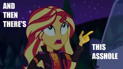 Size: 1920x1080 | Tagged: safe, derpibooru import, edit, edited screencap, screencap, sunset shimmer, equestria girls, equestria girls series, sunset's backstage pass!, spoiler:eqg series (season 2), and then there's this asshole, caption, female, image, image macro, impact font, jpeg, meme, music festival outfit, solo, text, text edit, vulgar