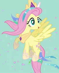 Size: 880x1080 | Tagged: safe, derpibooru import, screencap, fluttershy, pegasus, pony, testing testing 1-2-3, clothes, cosplay, costume, cropped, fake horn, female, flying, mare, shylestia, solo
