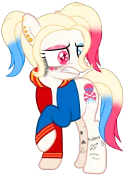 Size: 1456x1968 | Tagged: safe, artist:celestial-rue0w0, artist:ifoxbases, derpibooru import, oc, oc:har-harley queen, earth pony, pony, base used, clothes, commission, cringing, ear piercing, earring, eyeshadow, female, heterochromia, jacket, jewelry, makeup, mare, multicolored hair, piercing, raised hoof, running makeup, simple background, solo, tattoo, transparent background