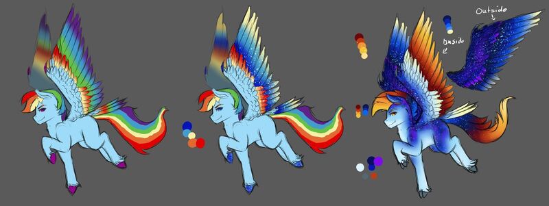 Size: 1600x601 | Tagged: safe, artist:skywarriorstare, derpibooru import, rainbow dash, pegasus, pony, leak, spoiler:g5, colored wings, female, g5, hooves, mare, multicolored wings, rainbow dash (g5), rainbow wings, raised hoof, redesign, simple background, wings