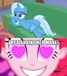 Size: 1280x1440 | Tagged: safe, derpibooru import, pinkie pie, trixie, coinky-dink world, eqg summertime shorts, equestria girls, road to friendship, caption, draw me like one of your french girls, female, heart eyes, image macro, lesbian, meme, shipping, text, trixiepie, wingding eyes