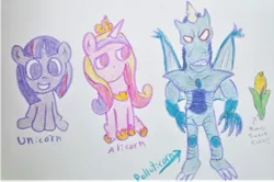 Size: 1177x780 | Tagged: safe, artist:dex stewart, derpibooru import, princess cadance, twilight sparkle, alicorn, pony, unicorn, corn, food, mighty morphin power rangers, polluticorn, power rangers, sweet corn, traditional art, vegetables