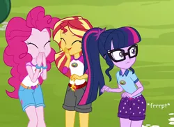 Size: 662x483 | Tagged: safe, artist:thedarkpony, derpibooru import, edit, edited screencap, screencap, pinkie pie, sci-twi, sunset shimmer, twilight sparkle, equestria girls, legend of everfree, clothes, cropped, fart, fart edit, fart noise, female, laughing, onomatopoeia, shorts, sound effects