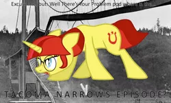 Size: 1300x780 | Tagged: artist:aaronmk, bridge, collapse, derpibooru import, oc, oc:lefty pony, photo, safe, tacoma narrows bridge collapse, text, vector