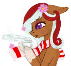 Size: 737x682 | Tagged: safe, artist:laptopdj, derpibooru import, oc, earth pony, pony, bust, clothes, female, flower, food, mare, portrait, scarf, simple background, solo, tea, white background