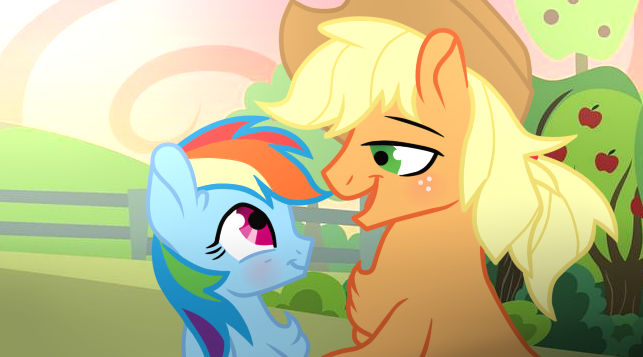 Size: 643x357 | Tagged: safe, artist:missxxfofa123, derpibooru import, applejack, rainbow dash, earth pony, pegasus, pony, appledash, appledash (straight), applejack (male), base used, chest fluff, eye contact, female, half r63 shipping, lesbian, looking at each other, male, mare, rule 63, shipping, size difference, stallion, straight