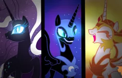 Size: 1006x638 | Tagged: artist:missxxfofa123, base used, daybreaker, derpibooru import, glowing eyes, idw, nightmare moon, nightmare rarity, safe