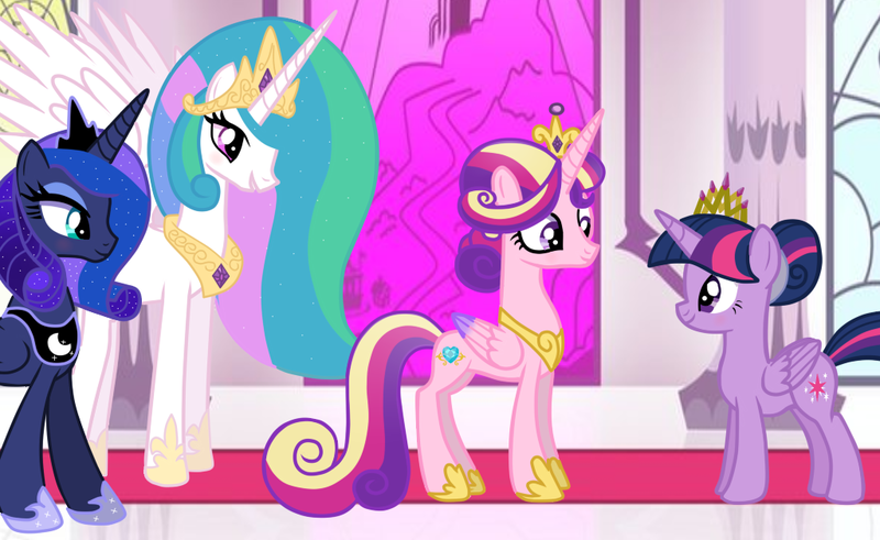 Size: 1024x629 | Tagged: safe, artist:missxxfofa123, derpibooru import, princess cadance, princess celestia, princess luna, twilight sparkle, twilight sparkle (alicorn), alicorn, pony, alicorn tetrarchy, alternate hairstyle, base used, hair bun, new crown