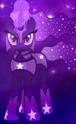 Size: 354x574 | Tagged: safe, artist:missxxfofa123, derpibooru import, oc, unofficial characters only, pony, armor, ethereal mane, glowing horn, horn, solo, starry background, starry eyes, starry mane, wingding eyes