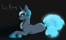 Size: 1355x831 | Tagged: dead source, safe, artist:pomrawr, derpibooru import, oc, oc:frost heart, unofficial characters only, pony, unicorn, horn, male, prone, solo, stallion, text, unicorn oc