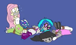 Size: 1747x1036 | Tagged: safe, artist:bugssonicx, derpibooru import, fluttershy, octavia melody, vinyl scratch, equestria girls, bondage, bound and gagged, clothes, female, femsub, fluttersub, gag, glasses, hogtied, shoes, sneakers, submissive, tape, tape gag, tavisub, tied up, vinylsub