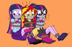 Size: 1417x924 | Tagged: safe, artist:bugssonicx, derpibooru import, sci-twi, sunset shimmer, twilight sparkle, equestria girls, bondage, bound and gagged, gag, tape, tape gag, tied up