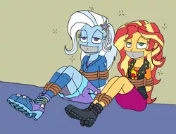 Size: 1454x1106 | Tagged: safe, artist:bugssonicx, derpibooru import, sunset shimmer, trixie, equestria girls, equestria girls series, forgotten friendship, bondage, boots, bound and gagged, clothes, gag, high heel boots, kneesocks, shoes, skirt, socks, tape, tape gag, tied up