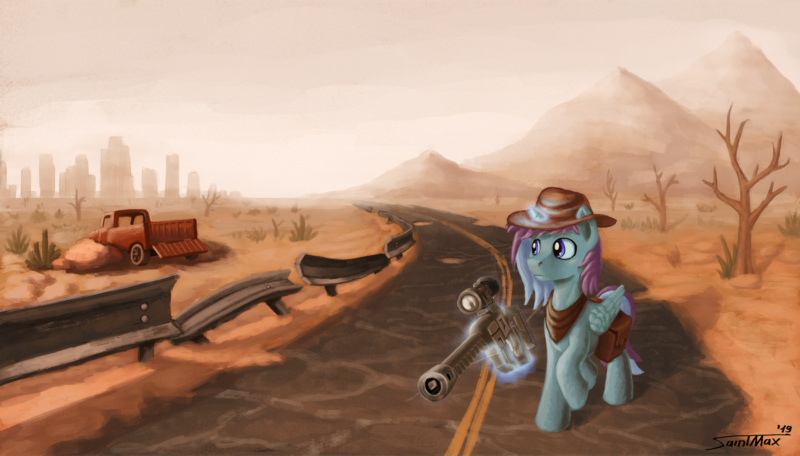 Size: 1600x912 | Tagged: safe, artist:sa1ntmax, derpibooru import, oc, oc:dashy vandash, alicorn, pony, alicorn oc, cowboy hat, desert, fallout, gun, hat, horn, magic, rifle, sniper rifle, solo, telekinesis, wasteland, weapon, wings