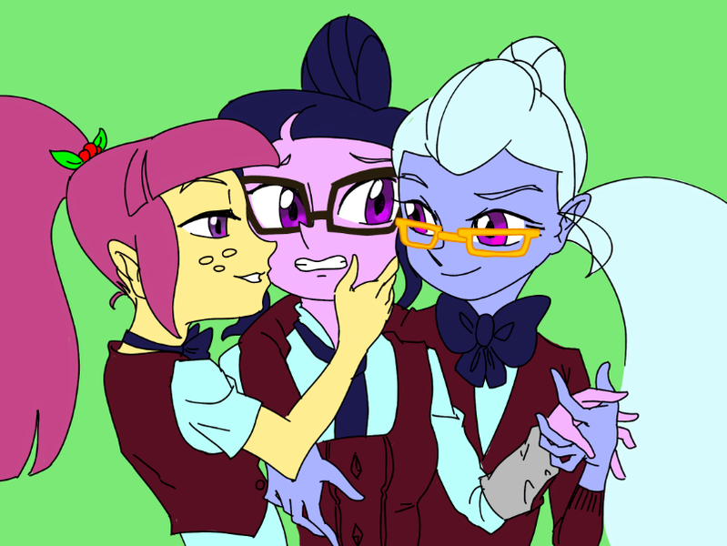 Size: 802x602 | Tagged: safe, artist:dadss_rootbeer, derpibooru import, sci-twi, sour sweet, sugarcoat, twilight sparkle, equestria girls, bedroom eyes, clothes, crystal prep academy uniform, female, glasses, green background, holding hands, lesbian, school uniform, shadowbolts, shipping, side hug, simple background, sourlight, sugartwi