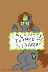 Size: 1000x1500 | Tagged: safe, artist:capslockgotstuck, derpibooru import, oc, oc:littlepip, unofficial characters only, pony, unicorn, fallout equestria, fanfic, blushing, fanfic art, female, glowing horn, hetero littlepip, hooves, horn, levitation, magic, mare, piplamity, sign, solo, telekinesis, text