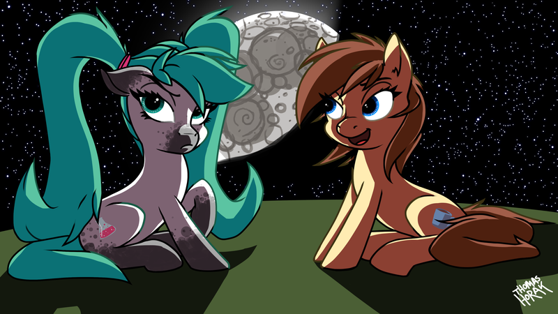 Size: 3840x2160 | Tagged: safe, artist:the-barinade, derpibooru import, oc, oc:bapjangles, oc:kadae, unofficial characters only, earth pony, pony, cutie mark, moon, space, stars