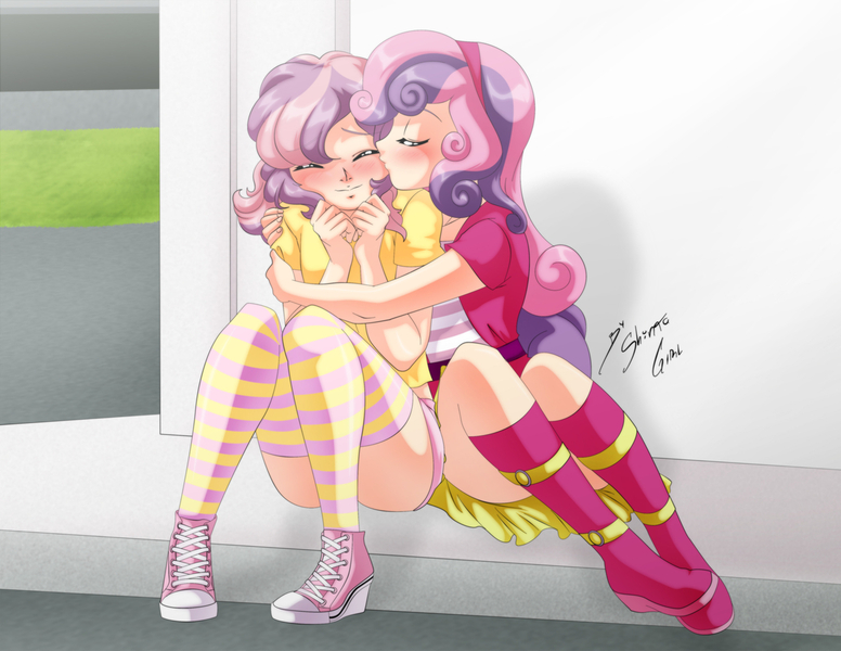 Size: 1280x990 | Tagged: safe, artist:shinta-girl, derpibooru import, sweetie belle, oc, oc:golden sheen, human, equestria girls, boots, canon x oc, clothes, converse, couple, crossdressing, female, hug, humanized, kissing, male, midriff, schrödinger's pantsu, shoes, short shirt, skirt, straight, strategically covered, thighs, upskirt denied