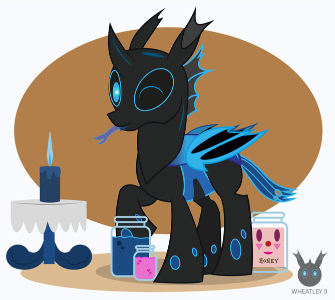 Size: 1435x1287 | Tagged: safe, artist:wheatley r.h., derpibooru import, oc, oc:w. rhinestone eyes, unofficial characters only, changeling, bat wings, blue changeling, candle, changeling oc, cute, empty jar, food, honey, honeypot ants, honeypot changeling, horn, implied oc, jar, love, ocbetes, one eye closed, one hoof raised, simple background, solo, table, tongue out, vector, watermark, wings, wink