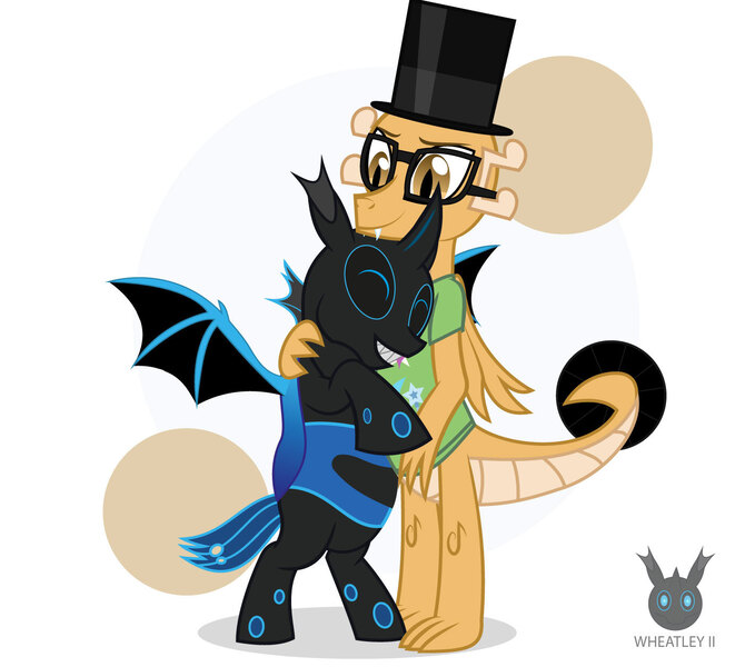 Size: 1385x1257 | Tagged: artist:wheatley r.h., bat wings, bipedal, blue changeling, changeling, changeling oc, clothes, cutie mark, cutie mark on clothes, derpibooru import, dragon, happy, hat, honeypot ants, honeypot changeling, horn, hug, oc, oc:myoozik the dragon, oc:w. rhinestone eyes, safe, simple background, spread wings, top hat, unofficial characters only, vector, watermark, wings