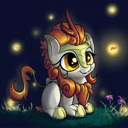 Size: 1280x1280 | Tagged: artist:rocket-lawnchair, autumn blaze, awwtumn blaze, cheek fluff, cute, derpibooru import, female, filly, firefly (insect), insect, kirin, night, ponyloaf, prone, safe, solo, weapons-grade cute