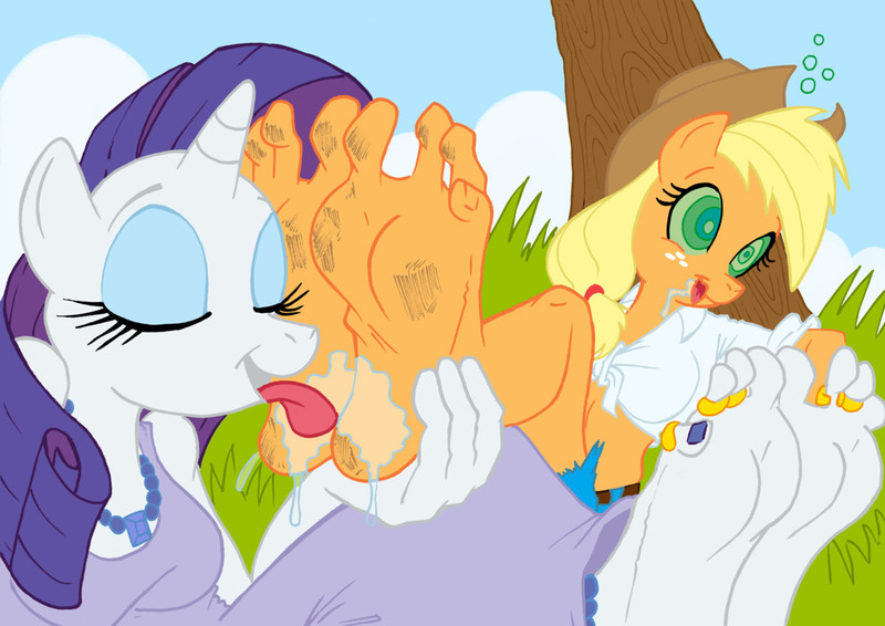 Size: 1413x1000 | Tagged: questionable, artist:jinkslizard, derpibooru import, applejack, rarity, anthro, plantigrade anthro, barefoot, dirt, dirty, dirty feet, feet, female, fetish, foot fetish, foot worship, hypnosis, lesbian, licking, licking foot, mind control, toe ring, tongue out