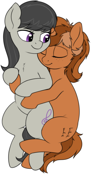 Size: 2326x4422 | Tagged: safe, artist:zippysqrl, derpibooru import, octavia melody, oc, oc:sign, earth pony, pony, unicorn, canon x oc, chest fluff, cuddling, eyes closed, female, freckles, mare, simple background, smiling, spooning, transparent background