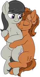 Size: 2326x4422 | Tagged: safe, artist:zippysqrl, derpibooru import, octavia melody, oc, oc:sign, earth pony, pony, unicorn, canon x oc, chest fluff, cuddling, eyes closed, female, freckles, mare, simple background, smiling, spooning, transparent background