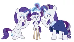 Size: 5793x3304 | Tagged: safe, artist:chub-wub, derpibooru import, part of a set, rarity, pony, unicorn, the last problem, age progression, brush, commonity, cute, female, filly, filly rarity, high res, magic, mare, multeity, older, older rarity, one eye closed, open mouth, raribetes, self ponidox, simple background, sitting, solo, stool, telekinesis, time paradox, triality, white background, younger