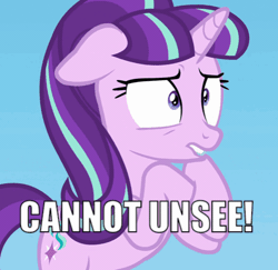 Size: 500x486 | Tagged: safe, derpibooru import, edit, edited screencap, screencap, starlight glimmer, pony, unicorn, the cutie re-mark, animated, bipedal, cannot unsee, caption, cropped, female, gif, image macro, mare, meme, reaction image, s5 starlight, solo, text