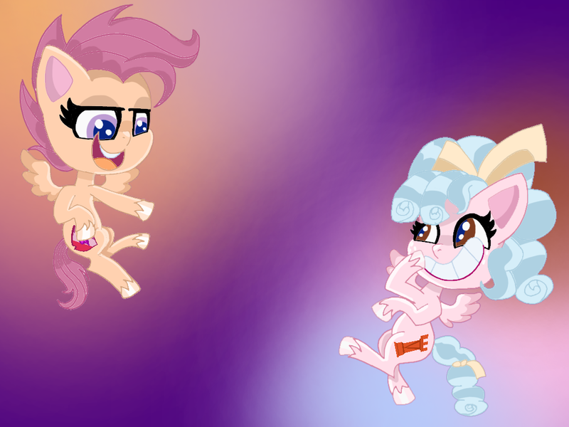 Size: 1024x768 | Tagged: safe, anonymous artist, derpibooru import, cozy glow, scootaloo, pegasus, pony, growing up is hard to do, my little pony: pony life, abstract background, cozybetes, cozyloo, cute, cutealoo, female, flying, lesbian, looking at each other, mare, older, older scootaloo, open mouth, scootaloo can fly, shipping, smiling, unshorn fetlocks, wings