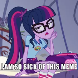 Size: 500x500 | Tagged: safe, artist:thedarkpony, derpibooru import, edit, edited screencap, screencap, sci-twi, twilight sparkle, equestria girls, legend of everfree, caption, clothes, cropped, female, image macro, meme, not this shit again, shorts, solo, text, tomboy