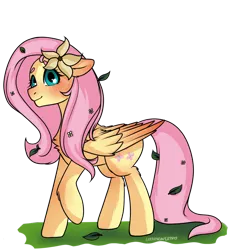 Size: 1100x1200 | Tagged: safe, artist:cottonsweets, derpibooru import, fluttershy, butterfly, pegasus, pony, blushing, cute, flower, fluffy, freckles, grass, leaves, original art, pink, shyabetes, simple background, solo, transparent background, yellow