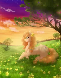 Size: 1500x1900 | Tagged: safe, artist:scarletsfeed, derpibooru import, pear butter, earth pony, digital art, female, flower, flower in hair, mare, prone, scenery, solo, tree