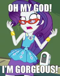 Size: 572x718 | Tagged: safe, derpibooru import, edit, edited screencap, screencap, rarity, equestria girls, equestria girls series, happily ever after party, bracelet, captain obvious, caption, cropped, dick solomon, female, geode of shielding, glasses, glasses rarity, happily ever after party: rarity, image macro, jewelry, magical geodes, meme, oh my god, projector, rarity's glasses, solo, text, third rock from the sun