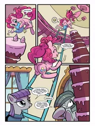 Size: 768x1024 | Tagged: safe, artist:kate sherron, derpibooru import, idw, marble pie, maud pie, pinkie pie, earth pony, pony, spoiler:comic, spoiler:comic86, balloonbutt, butt, cake, comic, female, food, ladder, mare, official comic, plot, preview, siblings, sisters, speech bubble, when she speaks