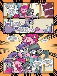 Size: 768x1024 | Tagged: safe, artist:kate sherron, derpibooru import, idw, boulder (pet), marble pie, maud pie, pinkie pie, earth pony, pony, spoiler:comic, spoiler:comic86, cake, comic, female, food, mare, official comic, one eye closed, preview, siblings, sisters, speech bubble, when she speaks, wink