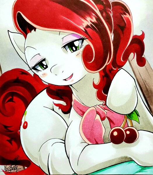 Size: 1792x2048 | Tagged: safe, artist:025aki, derpibooru import, cherry jubilee, earth pony, pony, bedroom eyes, blushing, cherry, cute, female, food, looking at you, mare, open mouth, prone, solo, traditional art