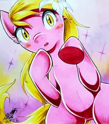 Size: 1806x2048 | Tagged: safe, artist:025aki, derpibooru import, lily, lily valley, earth pony, pony, bipedal, blushing, cute, ear fluff, female, lilybetes, mare, open mouth, solo, traditional art