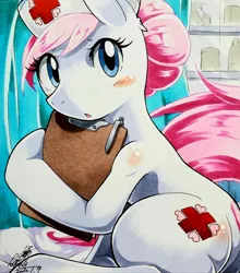 Size: 1800x2048 | Tagged: safe, artist:025aki, derpibooru import, nurse redheart, earth pony, pony, blushing, clipboard, cute, ear fluff, female, heartabetes, looking at you, mare, solo